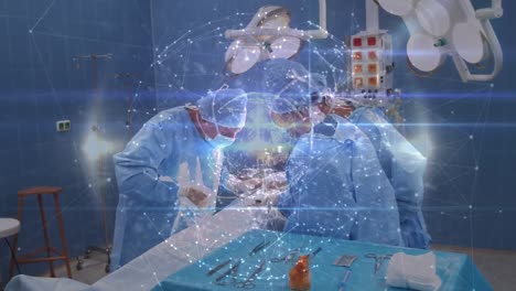 Animation-Eines-Globus-Mit-Netzwerk-Von-Verbindungen-über-Chirurgen-Im-Operationssaal