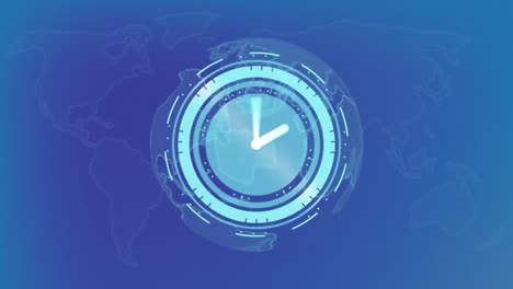 Animation-of-scanner-with-clock-face-over-blue-globe-on-blue-background