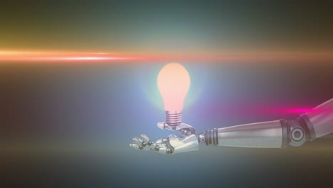 Animation-of-illuminated-light-bulb-over-hand-of-robot-arm,-with-orange-and-pink-light-beams-on-grey