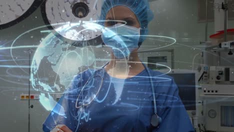 Animation-of-globe-with-network-of-connections-over-female-surgeon-in-operating-theatre