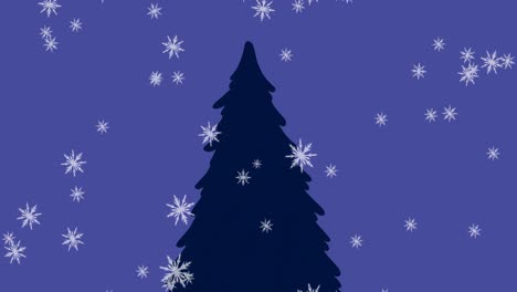 Animation-Von-Schnee,-Der-über-Den-Weihnachtsbaum-Auf-Violettem-Hintergrund-Fällt