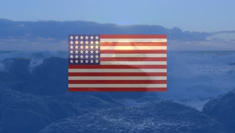 Animation-of-flag-of-america-and-red,-white-and-blue-circles-over-coast-at-sundown