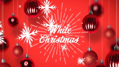 Animation-of-white-christmas-text-with-falling-snowflakes-and-christmas-baubles-on-red-background