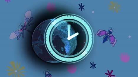 Animation-of-scanner-with-clock-face-over-glowing-blue-globe-and-insects-on-blue-background