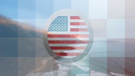 Animation-of-american-flag-in-circle-and-blue-square-grid-over-ocean-coastline-and-blue-sky