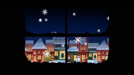 Animation-Von-Schnee,-Der-über-Die-Weihnachtslandschaft-Fällt,-Mit-Häusern,-Die-Durch-Das-Fenster-Gesehen-Werden