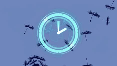 Animation-of-scanner-with-clock-face-over-blue-globe,-with-dandelion-seeds-on-blue-background