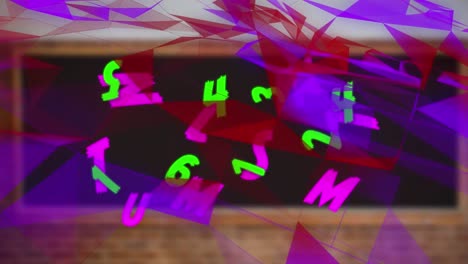 Animation-Von-Grünen-Zahlen-Und-Rosa-Buchstaben,-Die-über-Schwebenden-Roten-Und-Violetten-Formen-Wechseln