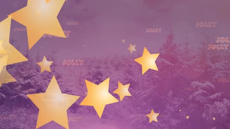 Animation-of-jolly-text-and-falling-gold-stars-over-snow-covered-christmas-trees-in-field