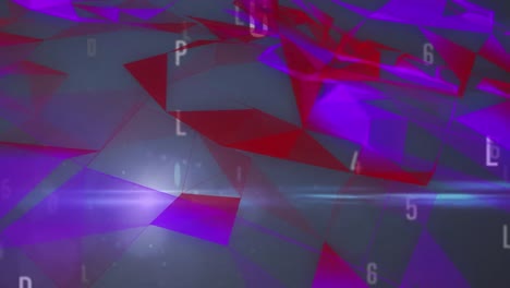 Animation-of-changing-white-numbers-and-letters-and-moving-red-and-purple-shapes-on-grey-background