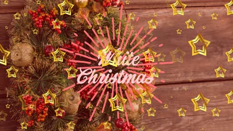 Animation-of-white-christmas-text-and-falling-gold-stars-over-christmas-decorations