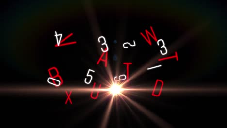 Animation-of-changing-white-numbers-and-red-letters-and-moving-light-on-black-background