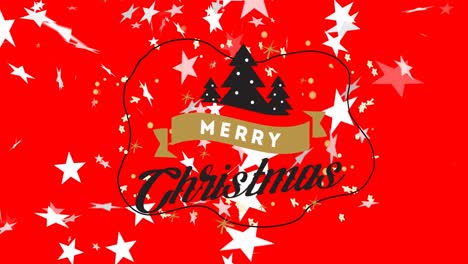 Animation-of-merry-christmas-text-with-trees-and-falling-white-stars-on-red-background