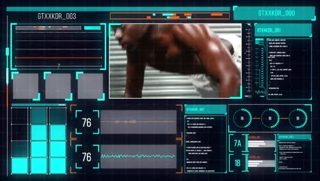 Animation-of-data-processing-processing-on-screens-over-african-american-man-exercising