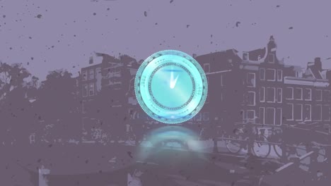 Animation-of-circular-scanner-with-clock-face-rotating-over-vintage-street-scene