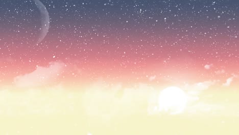 Animation-Von-Schnee,-Der-über-Den-Mond-Fällt,-Auf-Rotem-Bis-Gelbem-Hintergrund