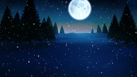 Animation-of-snow-falling-over-full-moon,-stars-and-christmas-trees-on-blue-background