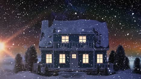 Animation-Von-Weißen-Weihnachtsschneeflocken,-Die-Nachts-über-Schneebedecktes-Haus-Und-Garten-Fallen