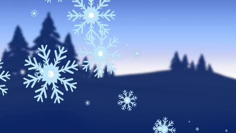 Animation-of-falling-snowflakes-over-silhouetted-trees-and-landscape-at-christmas-time