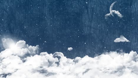 Animación-De-Copos-De-Nieve-Cayendo-Sobre-La-Luna-Y-Las-Nubes-Sobre-Fondo-De-Cielo-Azul