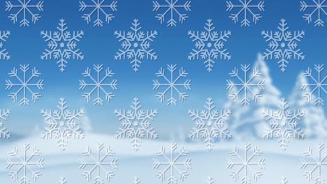Animation-of-white-christmas-snowflakes-over-snow-covered-landscape-and-blue-sky