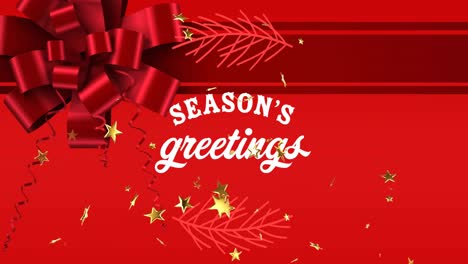 Animation-of-season's-greetings-text-in-white-and-falling-gold-stars-over-red-christmas-decorations