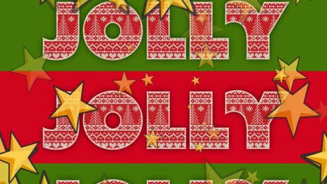 Animation-of-jolly-text-in-red-and-white-pattern-on-red-and-green-stripes,-with-gold-christmas-stars
