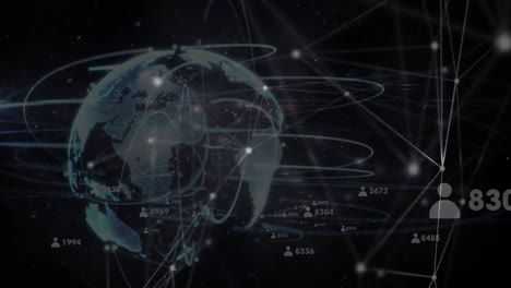 Animation-of-globe-with-network-of-connections-with-people-icons-and-glowing-spots