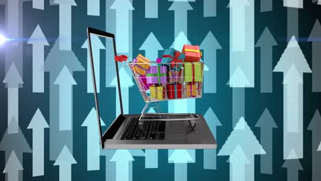 Animation-of-arrows-pointing-up-over-shopping-trolley-on-laptop