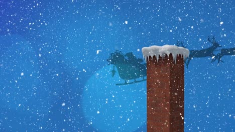 Animation-of-snowflakes-falling-over-rooftop-with-santa-in-sleigh-with-reindeers-in-sky-at-christmas