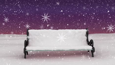 Animation-of-christmas-snow-falling-over-snow-covered-bench-and-purple-sky