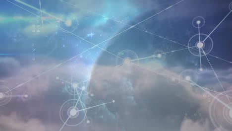 Animation-Des-Globus-Mit-Netzwerk-Von-Verbindungen-Mit-Leuchtenden-Punkten-über-Wolken