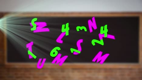 Animation-of-changing-green-numbers-and-pink-letters-and-lightbeams-over-classroom-chalkboard