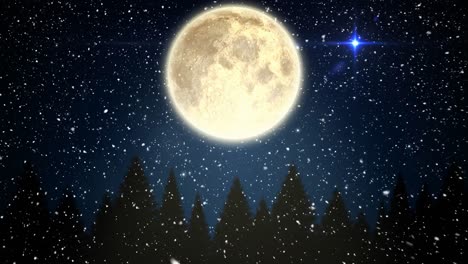 Animación-De-Nieve-Cayendo-Sobre-Luna-Llena,-Estrellas-Y-árboles-De-Navidad-Sobre-Fondo-Azul