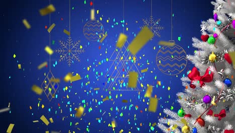 Animation-of-colourful-confetti-falling-over-christmas-decorations-and-tree