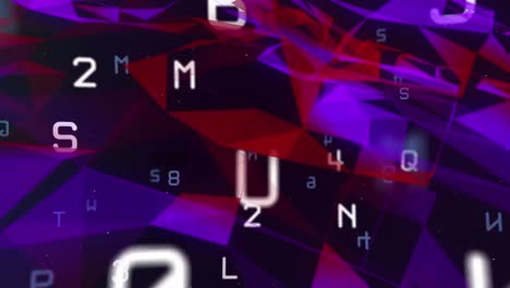 Animation-of-changing-numbers-and-letters-and-moving-red-and-purple-shapes-on-black-background