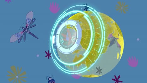 Animation-Der-Sicheren-Schlossverarbeitung-über-Einem-Gelben-Globusnetzwerk-Mit-Insekten-Und-Blättern-Auf-Blau