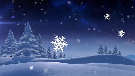 Animation-of-falling-snowflakes-over-winter-landscape-and-trees-at-christmas-time