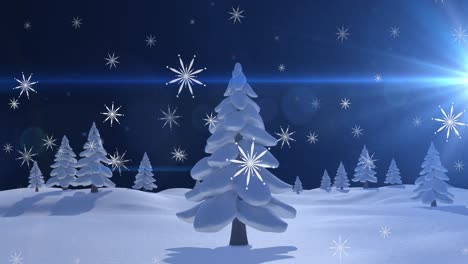 Animation-Von-Weihnachtlichen-Schneeflocken,-Die-Nachts-über-Schneebedeckte-Bäume-Und-Landschaft-Fallen