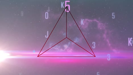 Animation-of-changing-numbers-and-letters-with-triangle-and-lightbeam-over-cosmos