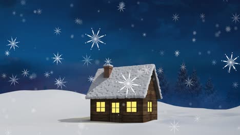 Animation-Von-Weißen-Weihnachtsschneeflocken,-Die-Nachts-über-Schneebedecktes-Haus-Und-Landschaft-Fallen