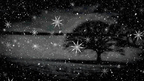 Animation-Von-Weihnachtsschneeflocken,-Die-Nachts-über-Bäume-Und-Landschaft-Fallen