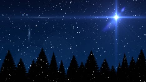 Animation-of-snow-falling-over-glowing-christmas-star-and-christmas-trees-on-blue-background