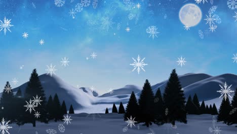 Animation-Von-Weihnachtsschneeflocken,-Die-Bei-Vollmond-über-Eine-Schneebedeckte-Landschaft-Fallen