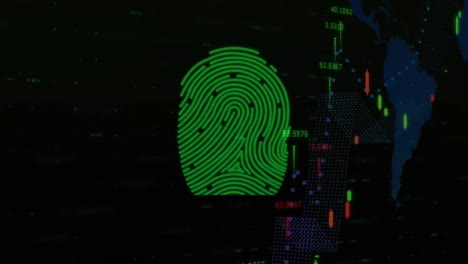Animation-of-biometric-fingerprint-over-statistics-processing-and-world-map
