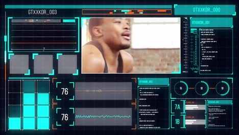 Animation-of-data-processing-on-screens-over-african-american-man-exercising