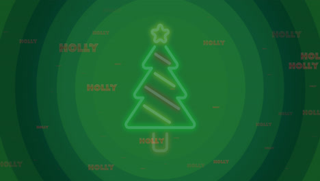 Animation-Von-Stechpalmentext-über-Neonfarbenem-Weihnachtsbaum-Auf-Grünen-Kreisen