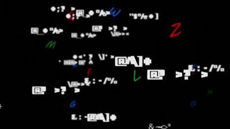 Animation-of-floating-coloured-numbers-and-processing-data-on-black-background