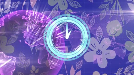 Animation-of-scanner-with-clock-face-over-glowing-pink-global-network-and-flowers-print