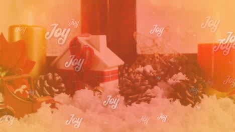 Animation-of-joy-text-over-snow-and-christmas-decorations